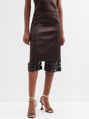 16ARLINGTON Fala sequinned lace-trim satin midi skirt in brown ~ women’s luxury evening clothes ~ luxe sequin detail occasion skirts ~ semi sheer hemline - flipped