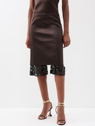 16ARLINGTON Fala sequinned lace-trim satin midi skirt in brown ~ women’s luxury evening clothes ~ luxe sequin detail occasion skirts ~ semi sheer hemline