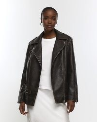 RIVER ISLAND BROWN FAUX LEATHER OVERSIZED BIKER JACKET ~ women’s relaxed fit zip and stud detail jackets