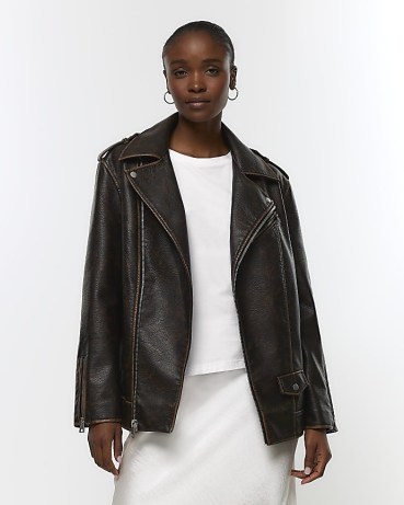 RIVER ISLAND BROWN FAUX LEATHER OVERSIZED BIKER JACKET ~ women’s relaxed fit zip and stud detail jackets - flipped