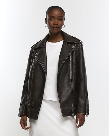 RIVER ISLAND BROWN FAUX LEATHER OVERSIZED BIKER JACKET ~ women’s relaxed fit zip and stud detail jackets