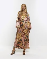 RIVER ISLAND BROWN FLORAL CUT OUT SLIP MIDI DRESS ~ balloon sleeve patchwork print dresses