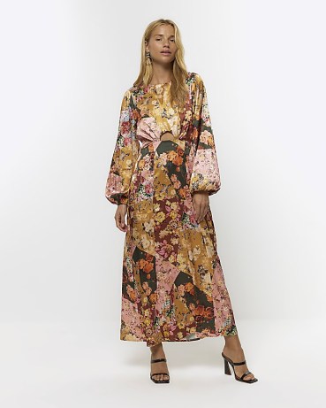 RIVER ISLAND BROWN FLORAL CUT OUT SLIP MIDI DRESS ~ balloon sleeve patchwork print dresses - flipped