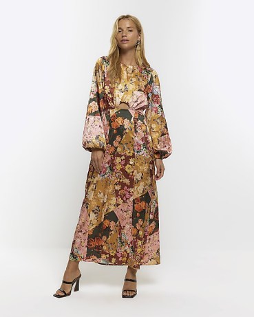 RIVER ISLAND BROWN FLORAL CUT OUT SLIP MIDI DRESS ~ balloon sleeve patchwork print dresses