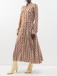 PROENZA SCHOULER Printed-jersey maxi shirt dress in brown and cream ~ women’s collared retro zigzag print dresses