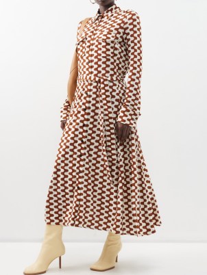 PROENZA SCHOULER Printed-jersey maxi shirt dress in brown and cream ~ women’s collared retro zigzag print dresses