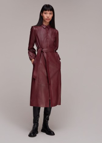 WHISTLES PHOEBE LEATHER SHIRT DRESS in BURGUNDY ~ luxury rich red collared midi dresses ~ belted tie waist ~ women’s luxe autumn clothing - flipped