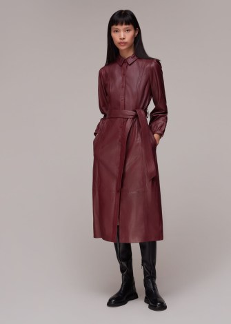 WHISTLES PHOEBE LEATHER SHIRT DRESS in BURGUNDY ~ luxury rich red collared midi dresses ~ belted tie waist ~ women’s luxe autumn clothing
