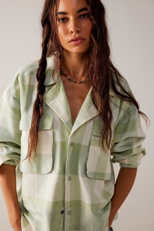 We The Free Izzie Cargo Shirt in Sage Combo – women’s green checked oversized shirts - flipped