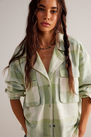 We The Free Izzie Cargo Shirt in Sage Combo – women’s green checked oversized shirts