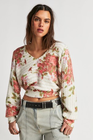 Free People Bed Of Roses Sweater in Candy Combo | slouchy floral V-neck sweaters | relaxed fit balloon sleeve jumper - flipped