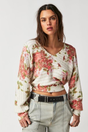 Free People Bed Of Roses Sweater in Candy Combo | slouchy floral V-neck sweaters | relaxed fit balloon sleeve jumper