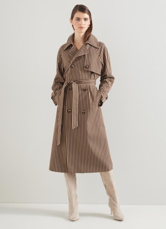 L.K. Bennett Carine Sand And Brown Striped Trench Coat | women’s striped tie waist autumn coats - flipped