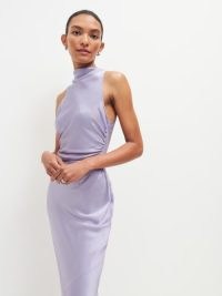 Reformation Casette Silk Dress in Aura ~ chic silky lilac occasion dresses ~ side ruched detailing ~ high cowl neck ~ cross back detail ~ elegant event clothing