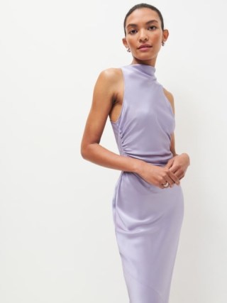 Reformation Casette Silk Dress in Aura ~ chic silky lilac occasion dresses ~ side ruched detailing ~ high cowl neck ~ cross back detail ~ elegant event clothing - flipped