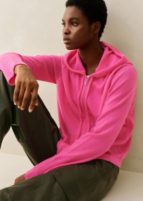 Me and Em Cashmere Relaxed Layering Hoody in Punch Pink | luxe hooded zip up tops | women’s luxury knitted hoodies - flipped