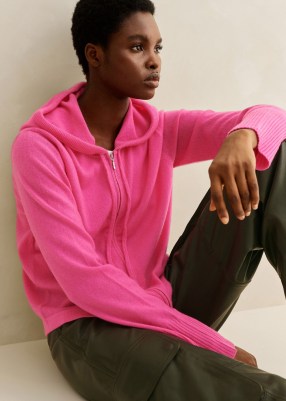 Me and Em Cashmere Relaxed Layering Hoody in Punch Pink | luxe hooded zip up tops | women’s luxury knitted hoodies