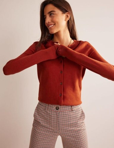 BODEN Catriona Cotton Cardigan in Chestnut Brown ~ women’s straight fit crew neck cardigans