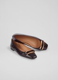 L.K. BENNETT Cayden Bordeaux Croc-Effect Leather Gold Bar Flats / luxe autumn animal print shoes
