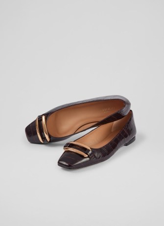 L.K. BENNETT Cayden Bordeaux Croc-Effect Leather Gold Bar Flats / luxe autumn animal print shoes - flipped