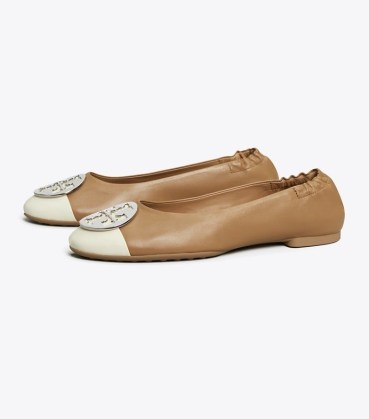 TORY BURCH CLAIRE CAP-TOE BALLET in Light Cream / Almond Flour ~ two tone ballerina flats ~ women’s light brown leather flat shoes ~ luxe balerinas - flipped