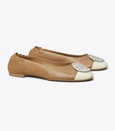 TORY BURCH CLAIRE CAP-TOE BALLET in Light Cream / Almond Flour ~ two tone ballerina flats ~ women’s light brown leather flat shoes ~ luxe balerinas