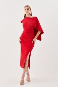 Karen Millen Compact Stretch Viscose One Shoulder Drape Detail Midi Dress in Red – asymmetric occasion dresses – cape style evening event clothes