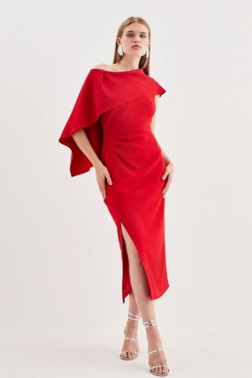 Karen Millen Compact Stretch Viscose One Shoulder Drape Detail Midi Dress in Red – asymmetric occasion dresses – cape style evening event clothes - flipped