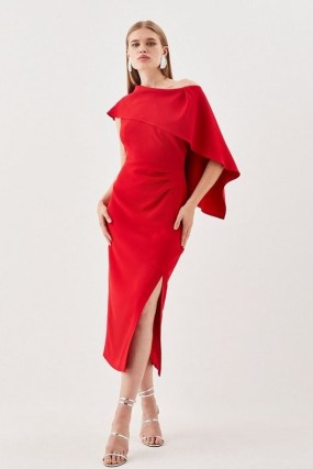Karen Millen Compact Stretch Viscose One Shoulder Drape Detail Midi Dress in Red – asymmetric occasion dresses – cape style evening event clothes