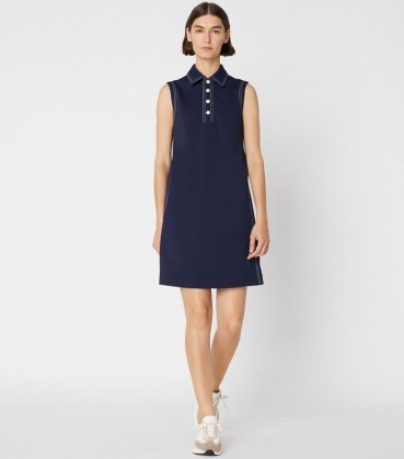 Tory Burch CONTRAST STITCH POLO DRESS in TORY NAVY ~ women’s dark blue sleeveless collared dresses ~ womens sporty look clothing - flipped