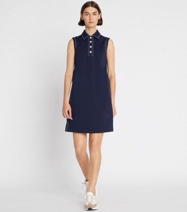 Tory Burch CONTRAST STITCH POLO DRESS in TORY NAVY ~ women’s dark blue sleeveless collared dresses ~ womens sporty look clothing