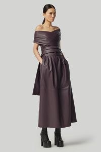 ALTUZARRA CORFU DRESS in Aubergine – dark purple leather off the shoulder dresses – luxe bardot fashion