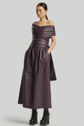 ALTUZARRA CORFU DRESS in Aubergine – dark purple leather off the shoulder dresses – luxe bardot fashion - flipped