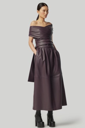 ALTUZARRA CORFU DRESS in Aubergine – dark purple leather off the shoulder dresses – luxe bardot fashion