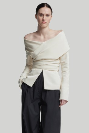 ALTUZARRA CORINTH JACKET in Ivory – chic contemporary bardot fashion – structured off the shoulder jackets - flipped