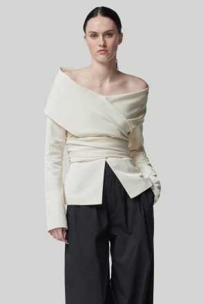 ALTUZARRA CORINTH JACKET in Ivory – chic contemporary bardot fashion – structured off the shoulder jackets