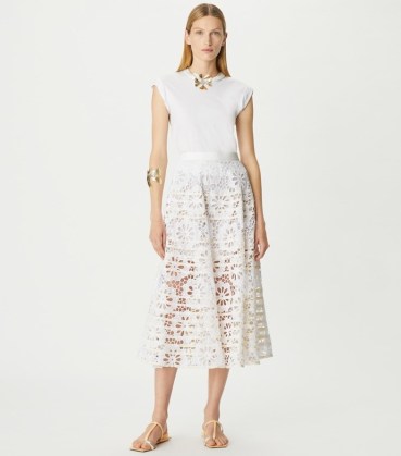 TORY BURCH COTTON EYELET SKIRT in White ~ semi sheer midi shirts ~ feminine clothing ~ broderie anglaise clothes - flipped