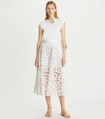 TORY BURCH COTTON EYELET SKIRT in White ~ semi sheer midi shirts ~ feminine clothing ~ broderie anglaise clothes