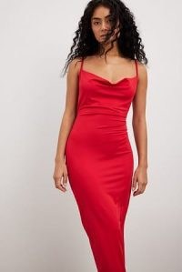 NA-KD Cowl Neck Maxi Dress in Red ~ strappy evening dresses with draped neckline