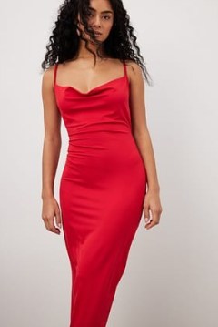 NA-KD Cowl Neck Maxi Dress in Red ~ strappy evening dresses with draped neckline - flipped