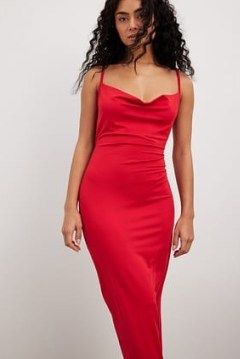 NA-KD Cowl Neck Maxi Dress in Red ~ strappy evening dresses with draped neckline
