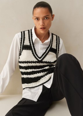 Me and Em Crochet Stripe V Neck Vest in Cream/Black | women’s chic knitted tank | womens striped tanks | sleeveless sweater tops - flipped