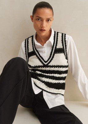 Me and Em Crochet Stripe V Neck Vest in Cream/Black | women’s chic knitted tank | womens striped tanks | sleeveless sweater tops