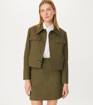 TORY BURCH CROPPED COTTON JACKET in Ripe Olive ~ women’s green boxy utility jackets ~ womens designer utilitarian clothing - flipped