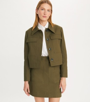 TORY BURCH CROPPED COTTON JACKET in Ripe Olive ~ women’s green boxy utility jackets ~ womens designer utilitarian clothing