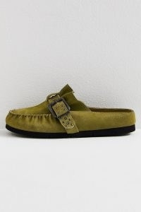 FP Collection Studded After Riding Mules in Olive Moss Suede – green moccasin style mule shoes – womens stud and buckle detail slip on moccasins – free people footwear