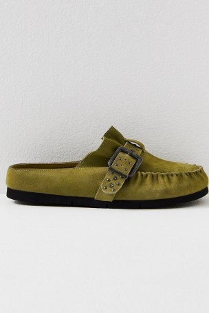 FP Collection Studded After Riding Mules in Olive Moss Suede – green moccasin style mule shoes – womens stud and buckle detail slip on moccasins – free people footwear - flipped