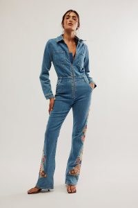 Driftwood Embroidered Jumpsuit | blue collared denim jumpsuits with floral embroidery | casual vintage inspired all-in-one