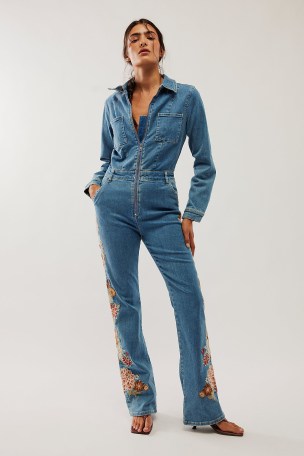 Driftwood Embroidered Jumpsuit | blue collared denim jumpsuits with floral embroidery | casual vintage inspired all-in-one - flipped