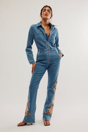 Driftwood Embroidered Jumpsuit | blue collared denim jumpsuits with floral embroidery | casual vintage inspired all-in-one